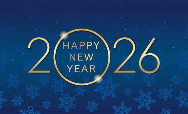2026 New Year Greetings Card Template – Dark Blue Snowflake Design